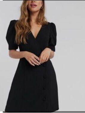 Mango Black Puff-Sleeve Mini Dress with Gold Buttons